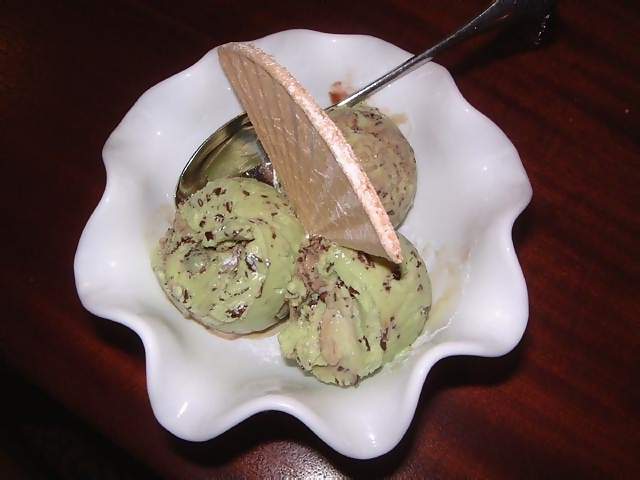 Food Bowl of mint choc chip ice cream in white bowl