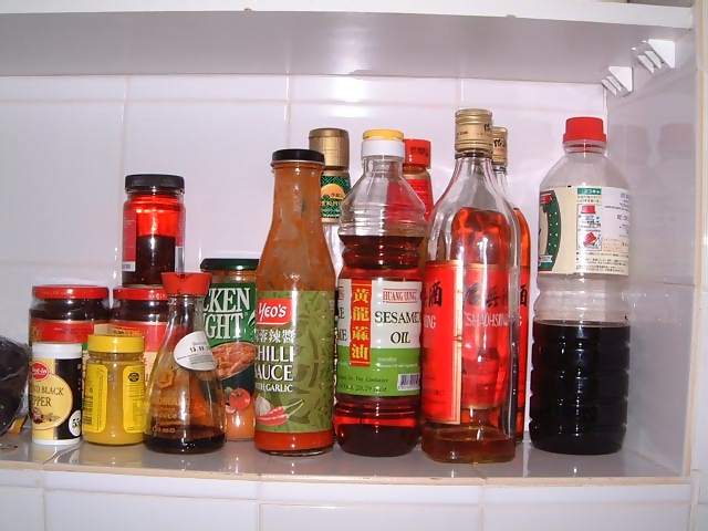 Food Jars and bottles of chinese sauces and condiments