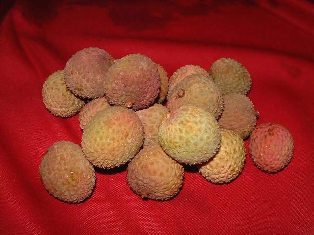 Food Pile of lychee on a red cloth for Chinese new year