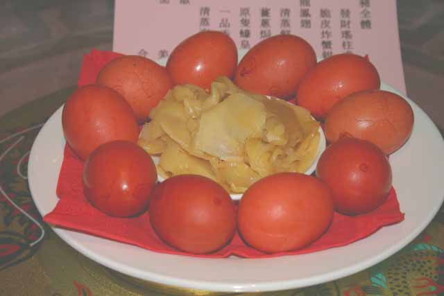 Food Red dyed hard boiled eggs at a Chinese birthday party