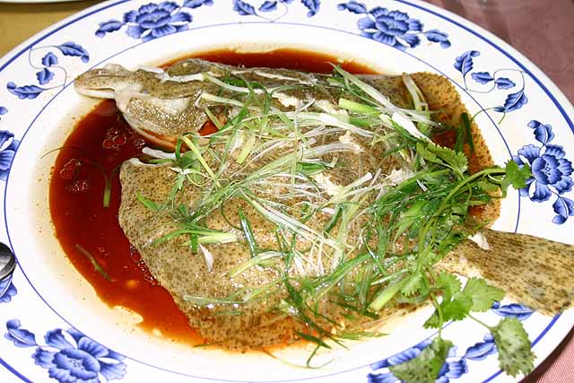 Food Steamed turbot with ginger spring onion and soy sauce