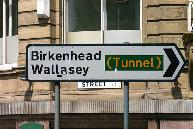 Miscellaneous Road sign in Liverpool pointing to the Birkenhead and Wallasey Tunnels