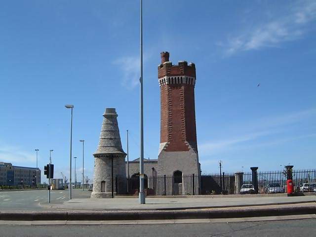 Views Entrance to the Albert Dock in Liverpool with old chimney in foreground